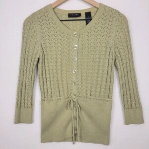 VTG 90s Access Liz Claiborne Metallic Knit Cardigan M Gold Tie Waist Shimmer
